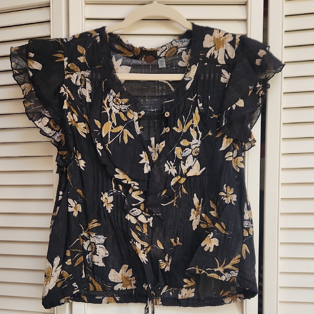 Free People Floral Ruffle Blouse - Black and Cream